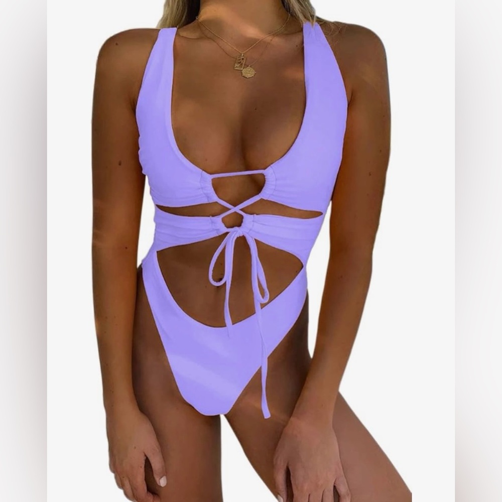 Elegant Lavender Cutout One Piece Swimsuit